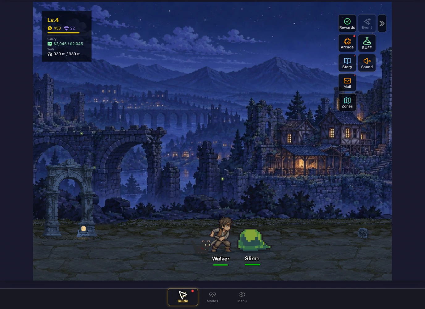 Salary Walker on an iPad in landscape: the hero and a pet fight a slime in front of moonlit ruins, with level, gold and today's pay at the top left, feature buttons on the right and the tab bar at the bottom