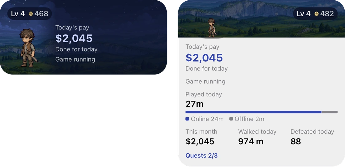 Two Salary Walker widgets: the medium one shows level, gold, the hero in a scene, today's pay and status; the large one adds play time today (online / offline), this month's pay, distance walked, monsters defeated today and quest progress